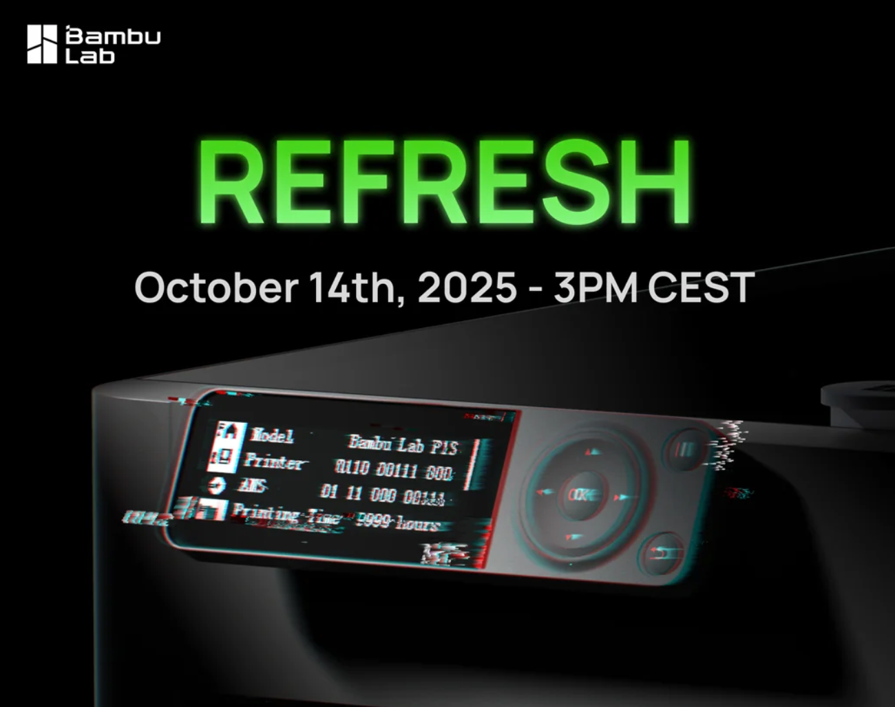 BambuLab P2S teaser image for 2025 launch — mid-range 3D printer with touchscreen and AMS 2.0 integration, featured on Makers101.com