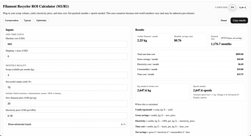 Filament recycle ROI Calculator 