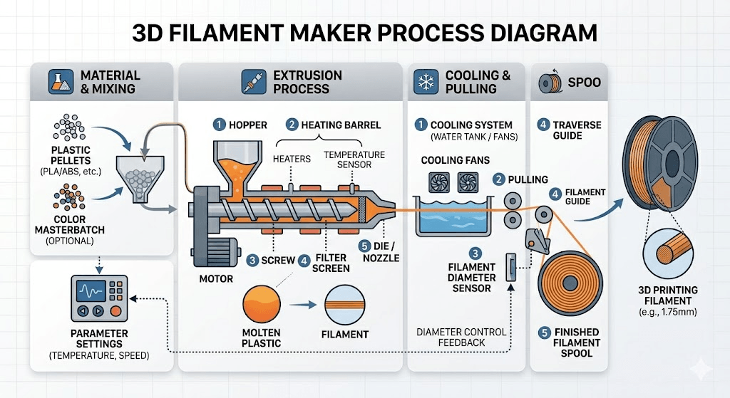 What Is a 3D Filament Maker? The Complete Guide (2026) 7 3d filament maker process diagram