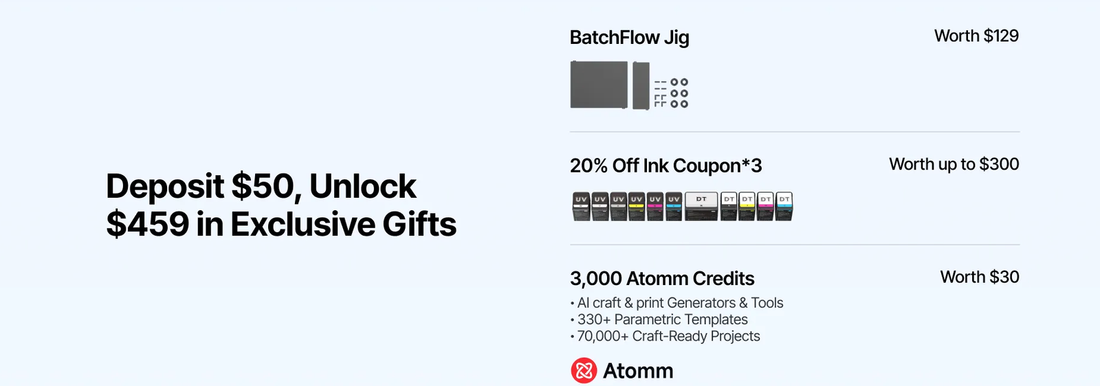 xTool O1 Omni $50 deposit unlocks a $459 bonus: BatchFlow Jig, ink coupons, and Atomm credits