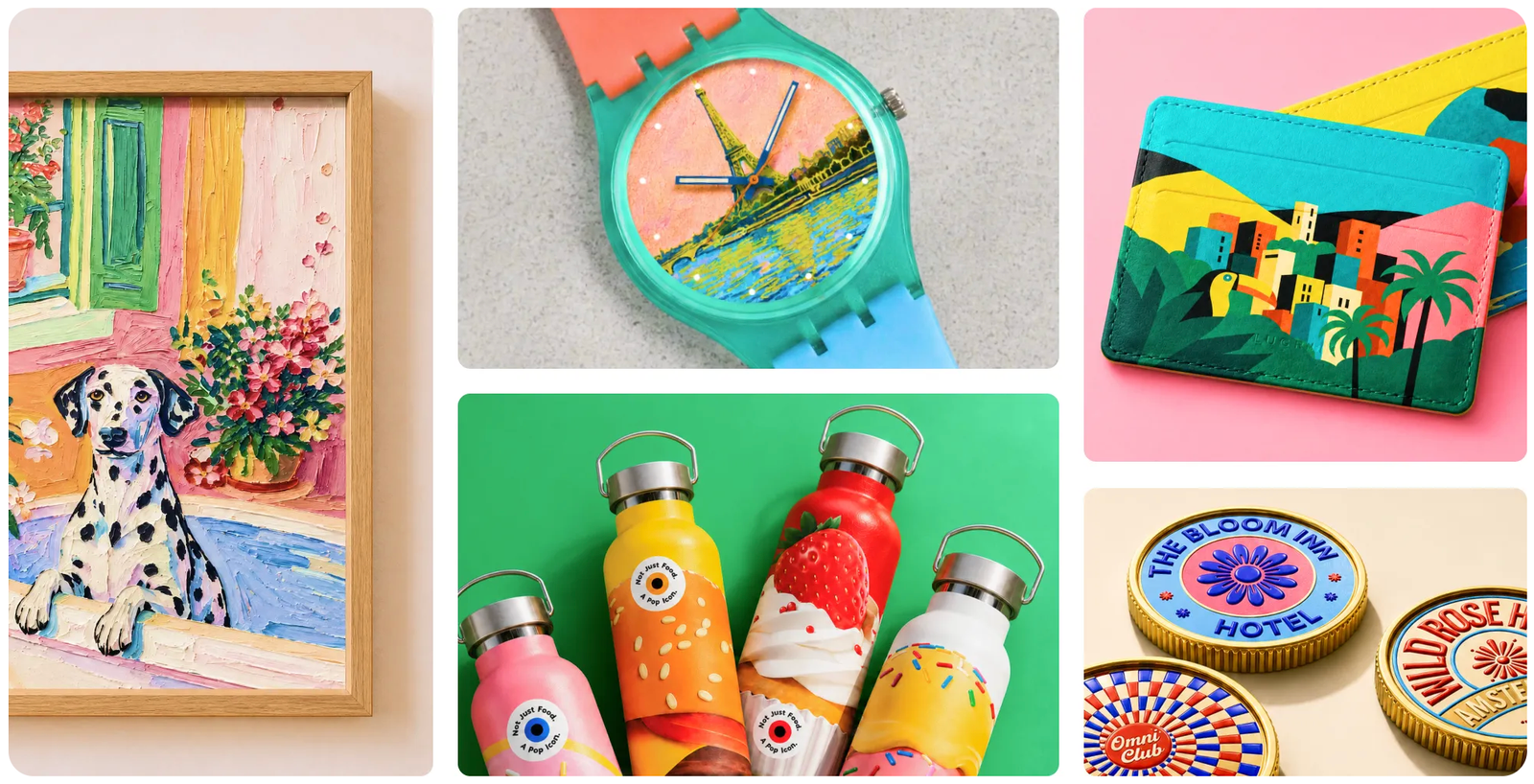 Products made with the xTool O1 Omni: printed art, watch face, card holders, tumblers and embossed badges