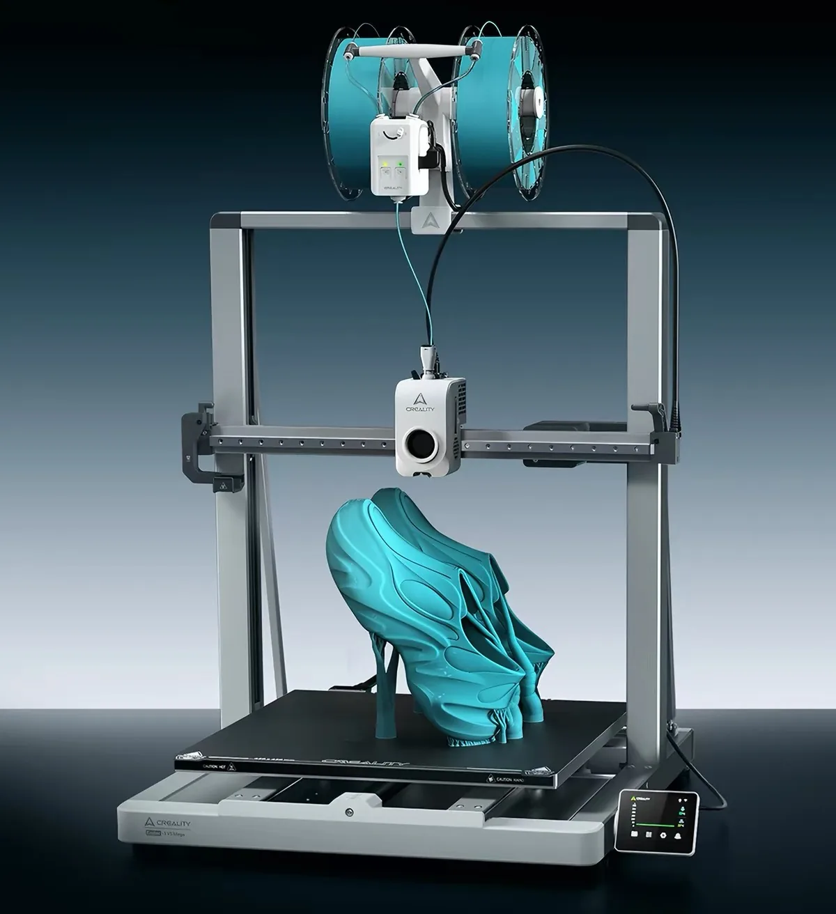 Creality Ender-3 V3 Mega: Specs, Price & Who It's Really For (2026) 3 Creality Ender-3 V3 Mega printing a flexible TPU high-heel shoe