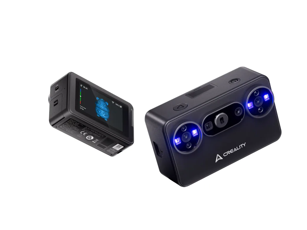 Creality Pika vs Revopoint POP 4: Which Pocket 3D Scanner Should You Actually Buy? (2026) 4 Creality Pika 3D scanner shown in two views, one with the built-in touchscreen displaying a scan in progress and one showing the dual blue-laser arrays