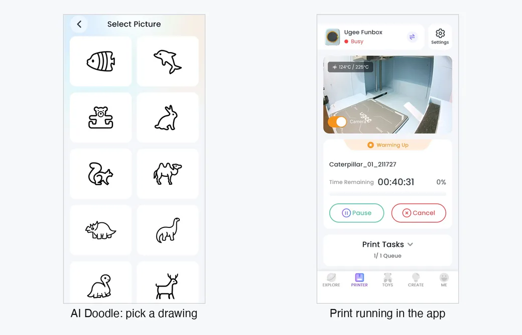 ugee Funbox 3D Printer Review: I Gave It to a 6-Year-Old for a Week 22 UFun app AI Doodle picture picker next to a live print progress screen