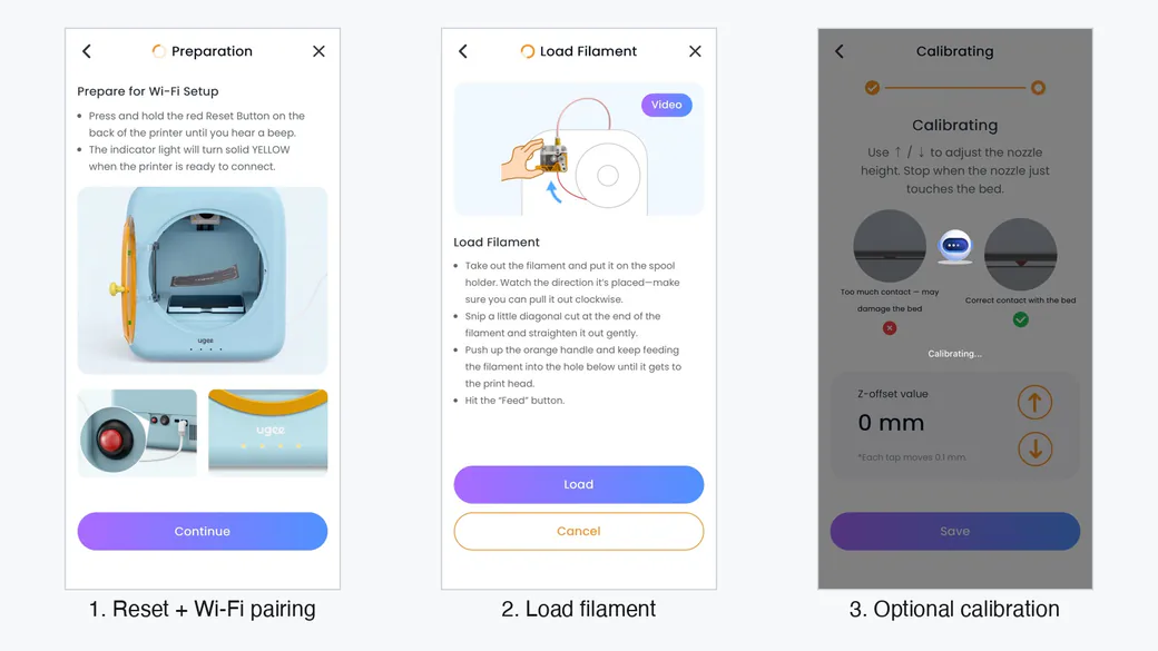 ugee Funbox 3D Printer Review: I Gave It to a 6-Year-Old for a Week 7 Three UFun app screens: Wi-Fi reset pairing, load filament instructions and the calibration screen
