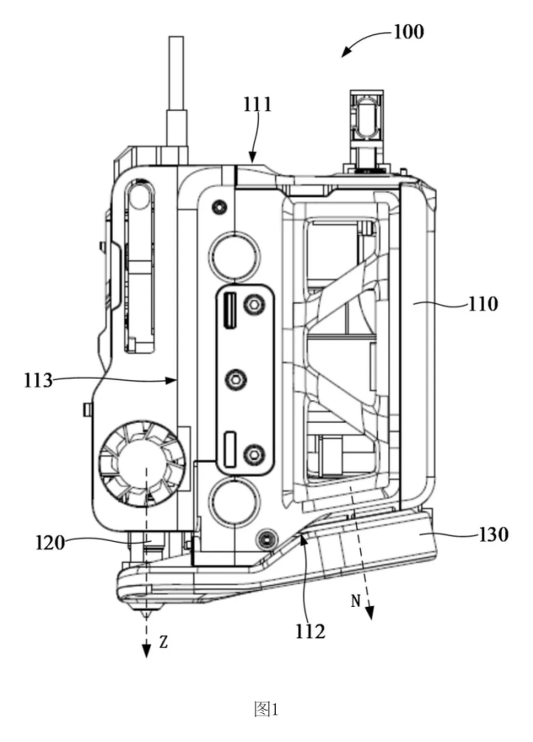 Is the Bambu Lab H3C Real? What Three New Patents Actually Show 4 Bambu Lab toolhead patent drawing showing mounting bracket 110, hotend 120, air duct 130 and outlet 112