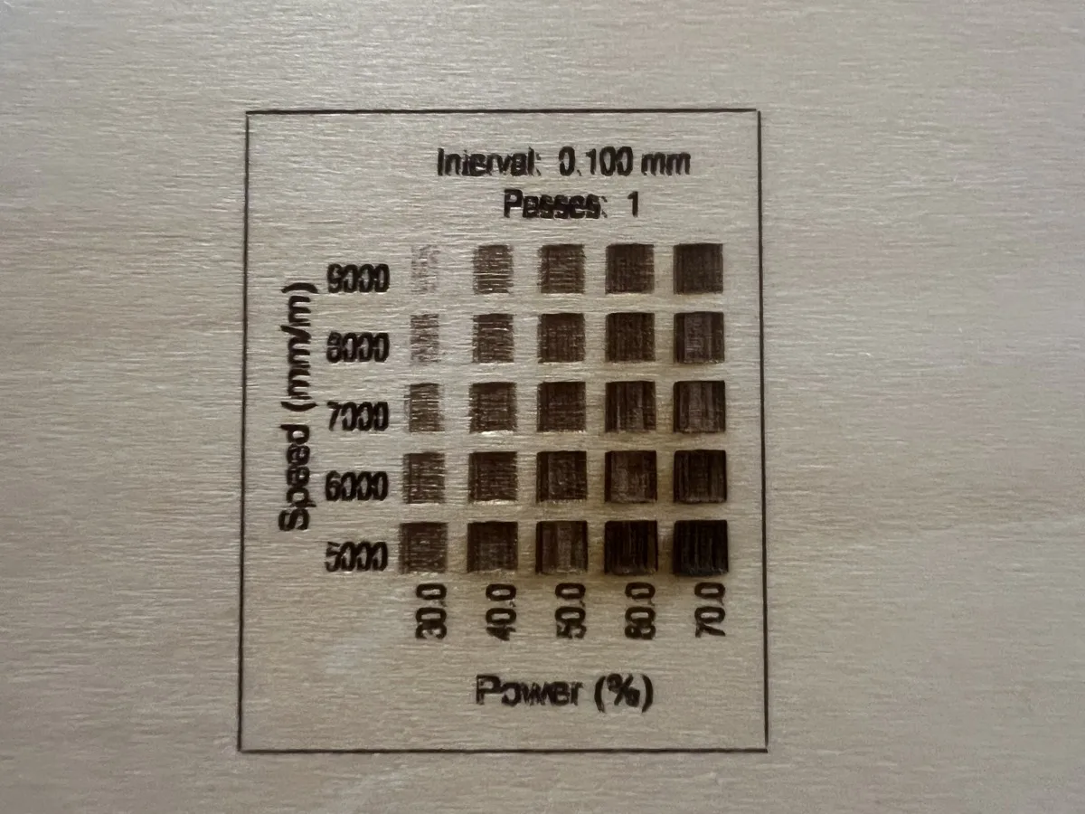 Carverall X1Pro (JL9) Review: Unboxing and Cutting Tests (2026) 27 Carverall X1Pro material test grid on wood showing power and speed combinations from 30 to 70 percent and 5000 to 9000 mm per minute