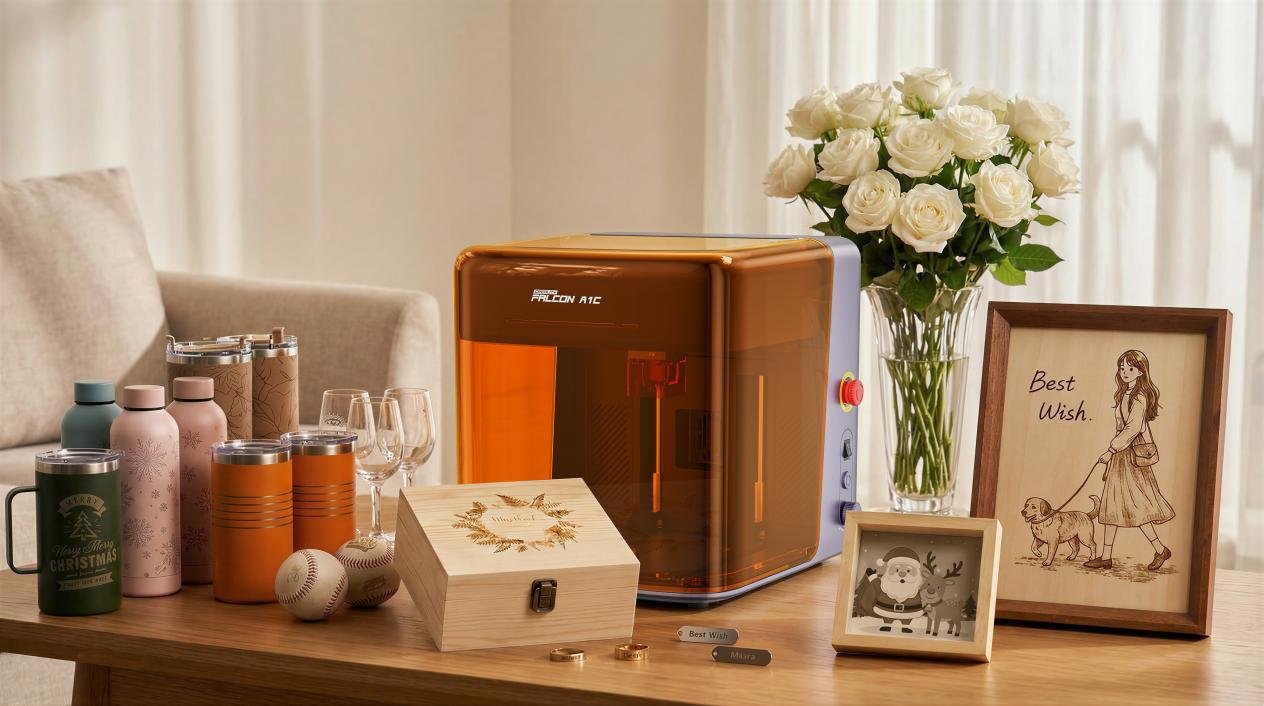 Creality Falcon A1C laser engraver on a living room table surrounded by personalized holiday gifts and engraved keepsakes