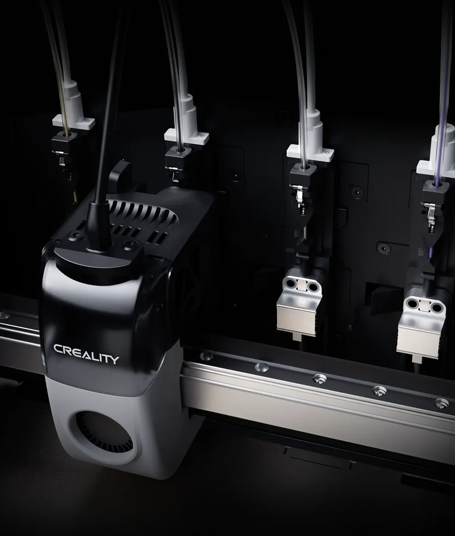Creality K3 & KliTek: Specs, Release Date & Community Reaction (2026) 2 Close-up of Creality K3's KliTek mechanism showing four independent nozzle-changing stations docked on the rail
