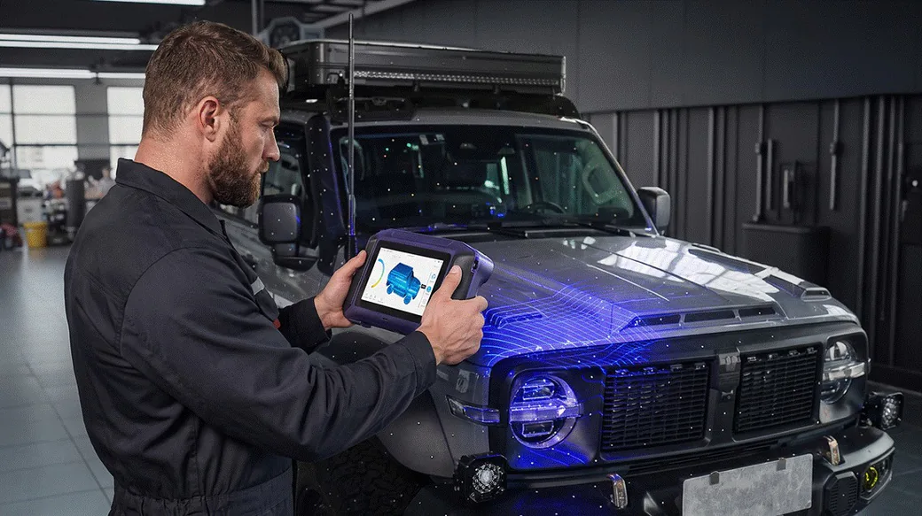 Creality Sermoon P1S 3D Scanner: Price, Specs, P1 Comparison, and What Still Needs Testing 6 Creality promotional image of a technician scanning an SUV hood with the Sermoon P1S blue laser
