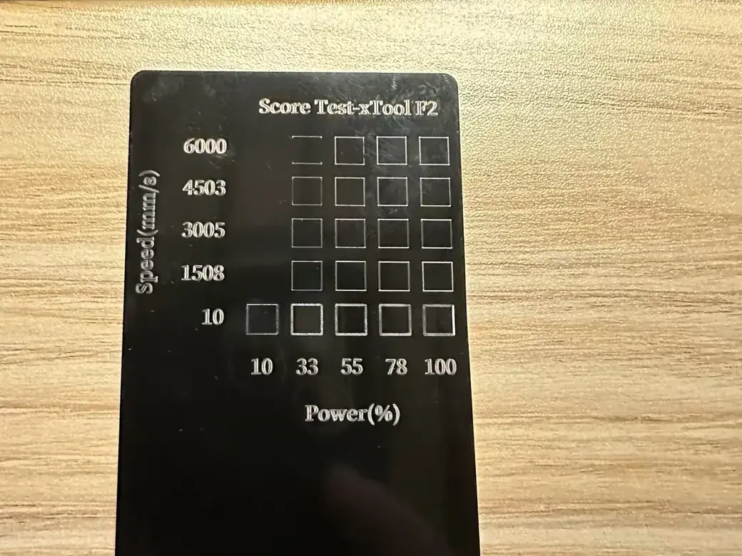 How to Get the BEST Laser Engraving Settings (A Repeatable Test Method) 2 Labeled laser speed-and-power test card with a grid of engraved cells