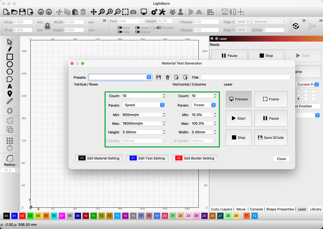 LightBurn 101: Anfänger-Tutorial für 2026 8 Dialog des Materialtestgenerators von LightBurn mit hervorgehobenen Feldern für Geschwindigkeit und Leistungsbereich