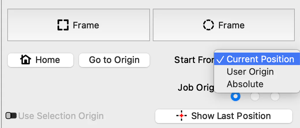 LightBurn 101: Anfänger-Tutorial für 2026 7 Das Dropdown-Menü „Start von“ von LightBurn öffnet sich und zeigt neben den Rahmen-Schaltflächen die Modi „Aktuelle Position“, „Benutzerursprung“ und „Absolut“ an.