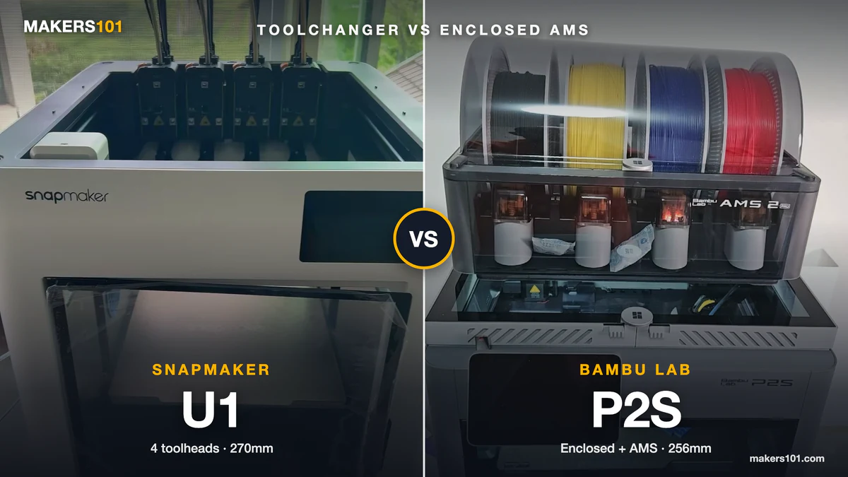 Snapmaker U1 vs Bambu Lab P2S (2026): Toolchanger Speed vs Enclosed Reliability