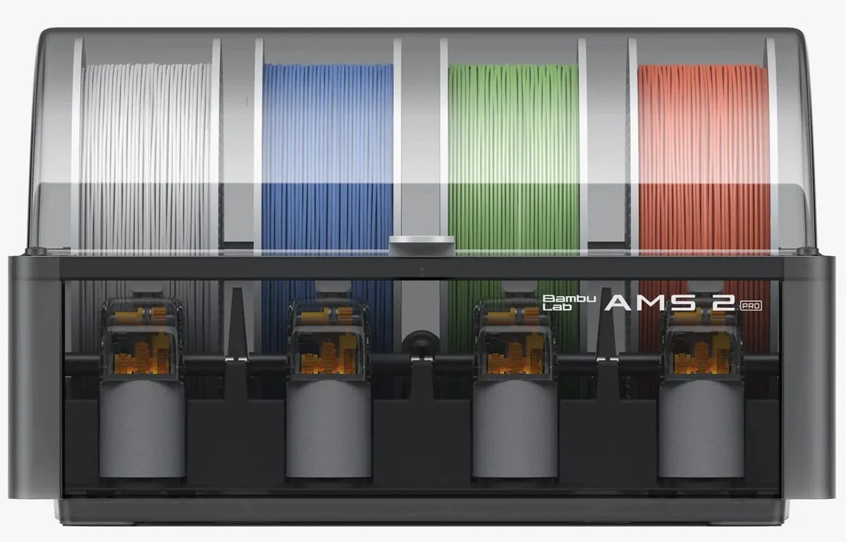 Bambu Lab AMS 2 Pro front view showing its four feeder units below the spools