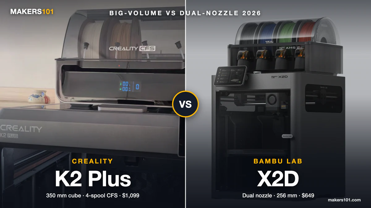 Creality K2 Plus vs Bambu Lab X2D (2026): Big-Volume Workhorse or Compact Dual-Nozzle Pro?