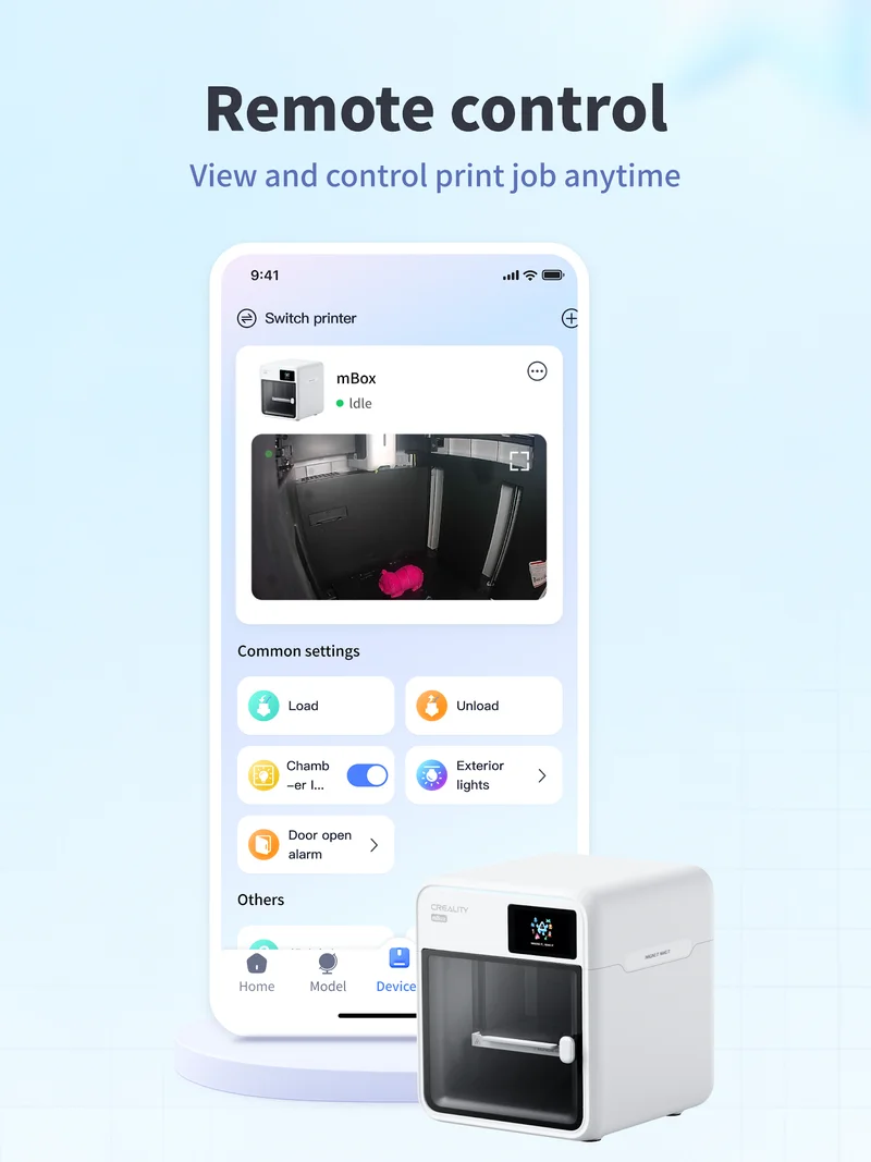 Creality mBox Kids' 3D Printer Costs $329, but It Will Sell Only on TikTok 2 Creality Park app device screen for the Creality mBox, with chamber light and door open alarm settings