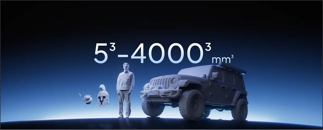 Elegoo graphic showing M1 Ultra scan targets from small parts to a person and an SUV, labeled 5 to 4000 mm