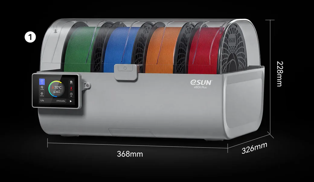 eSUN eBOX Plus Lists at $149.99: Four Spools at 80°C, 10°C Past the SUNLU S4 2 eSUN eBOX Plus dimension diagram showing 368 mm wide, 326 mm deep and 228 mm tall with four spools loaded