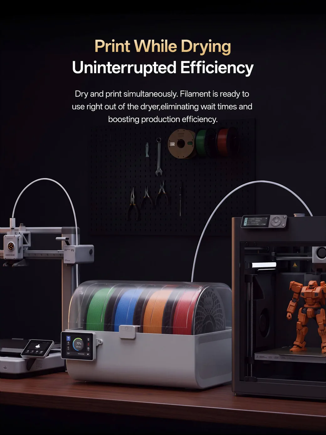 eSUN eBOX Plus Lists at $149.99: Four Spools at 80°C, 10°C Past the SUNLU S4 3 eSUN graphic of the eBOX Plus feeding filament through PTFE tubes to two 3D printers while it dries