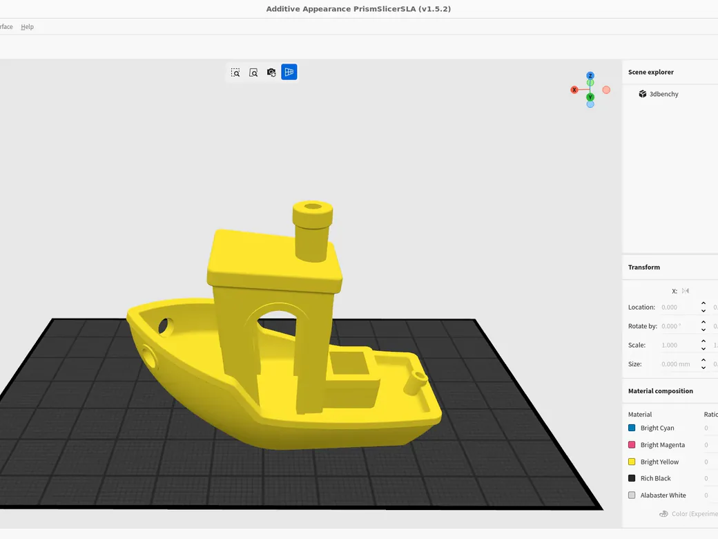 PrismSlicer SLA screenshot showing a yellow 3D Benchy on the build plate with a resin color preview